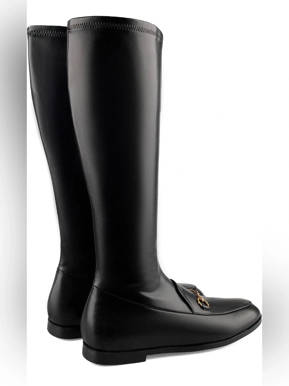 Knee High Boots for Women Almond Toe Buckle Boots Faux Leather Elastic Boot Side